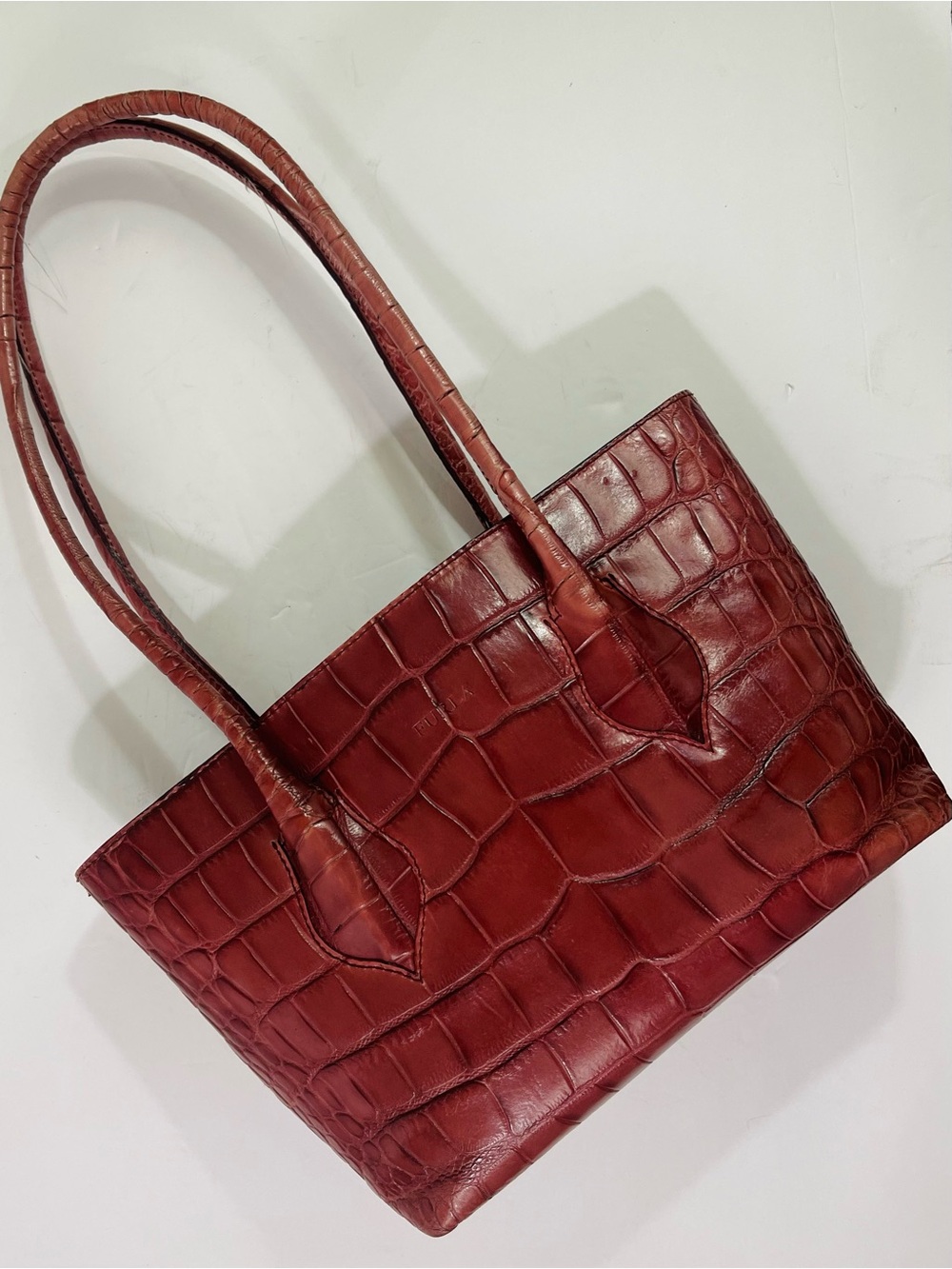 Furla Croc-Embossed Leather Tote Bag in Deep Brown/Rose